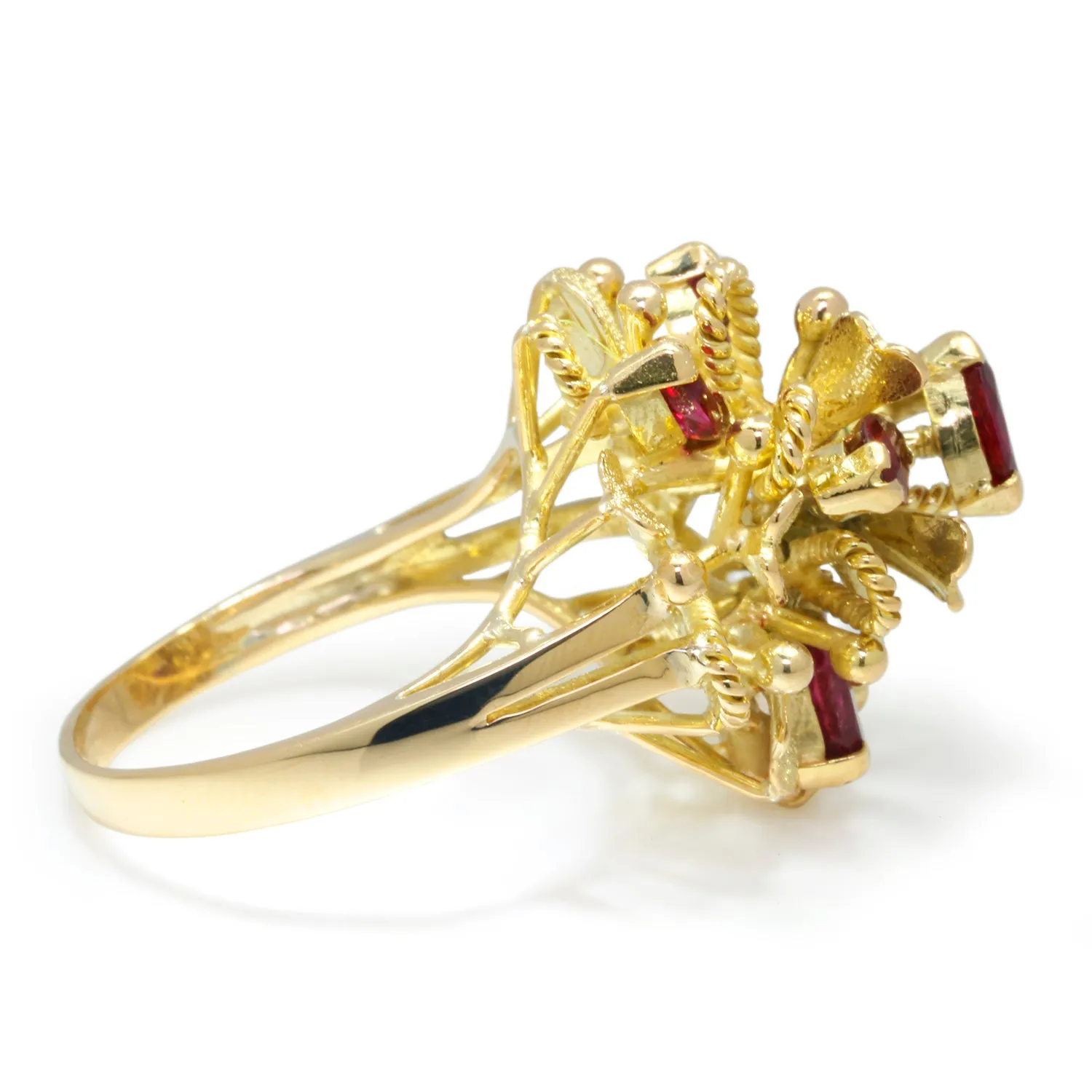 Vintage Ruby Flower Rope Ring 14K Yellow Gold 1.40ctw