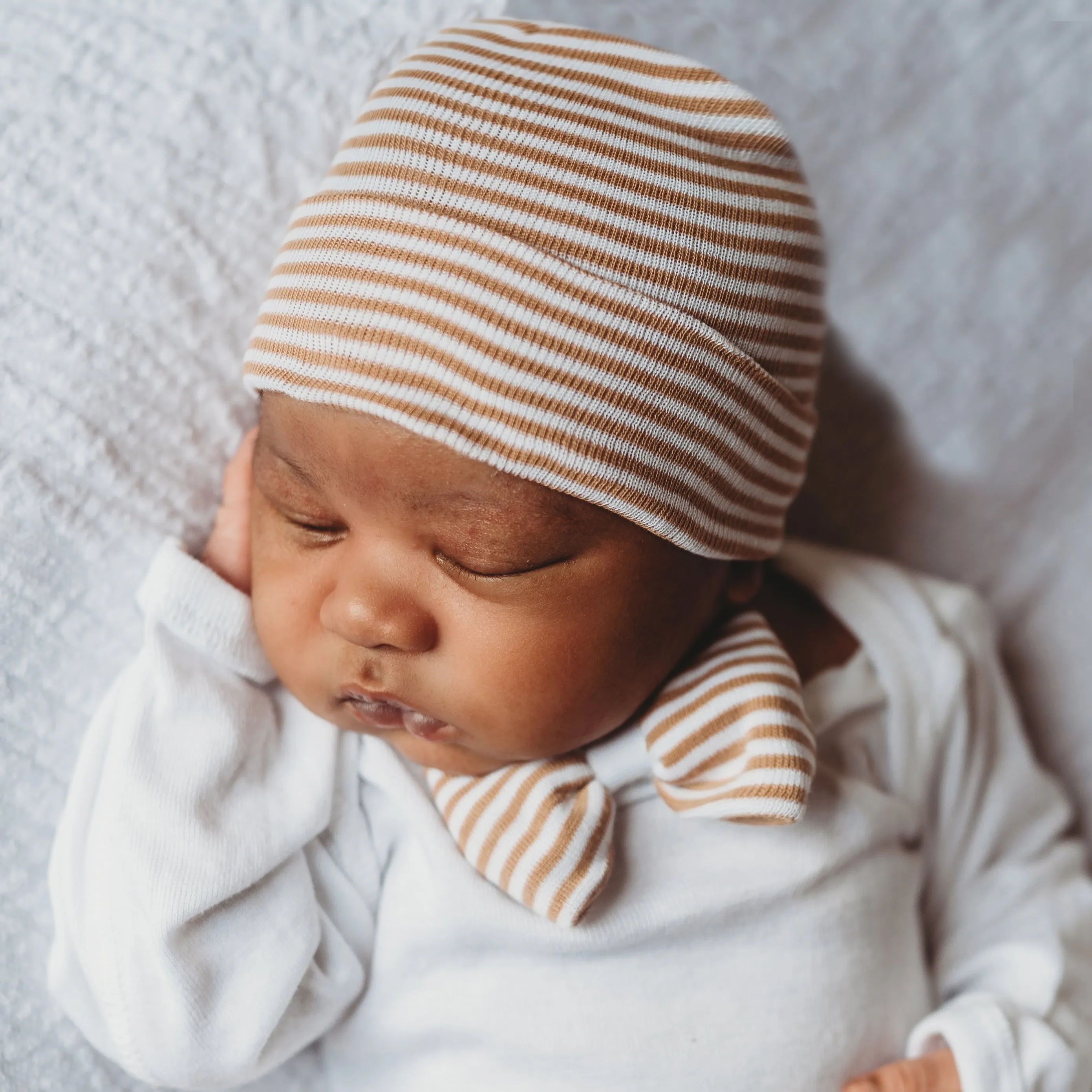 Welcome Home Newborn Boy Bodysuit Set - Personalized Tan and White Striped Beanie Hat and Bow Tie With Bodysuit, Best Take Me Home Outfit For Newborn