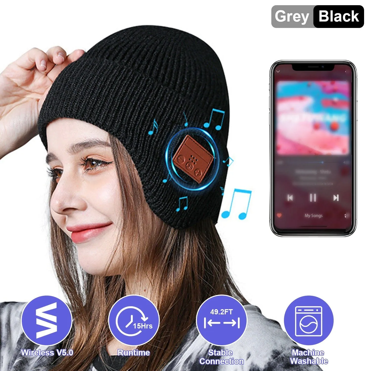 Wireless V5.0 Beanie Hat with Headphones USB Rechargeable