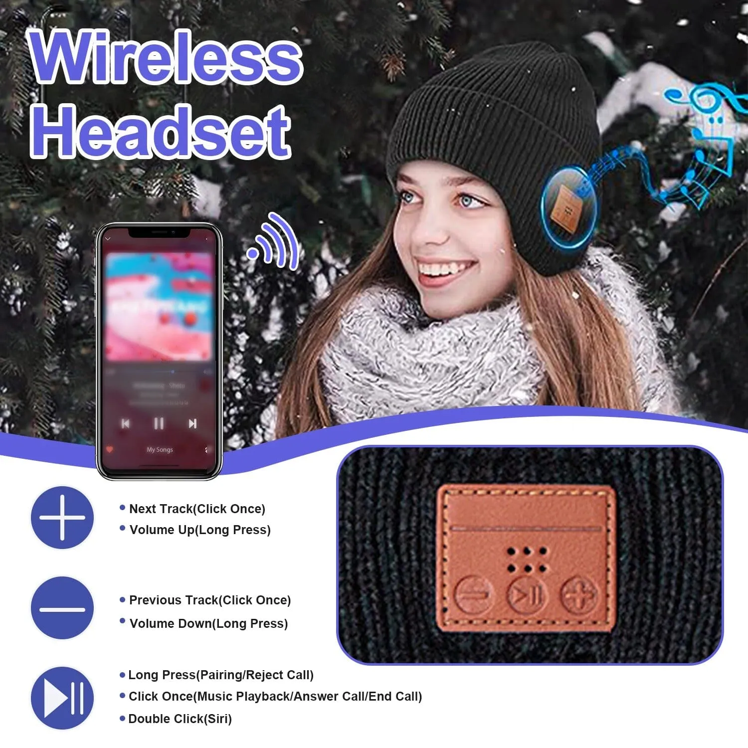 Wireless V5.0 Beanie Hat with Headphones USB Rechargeable