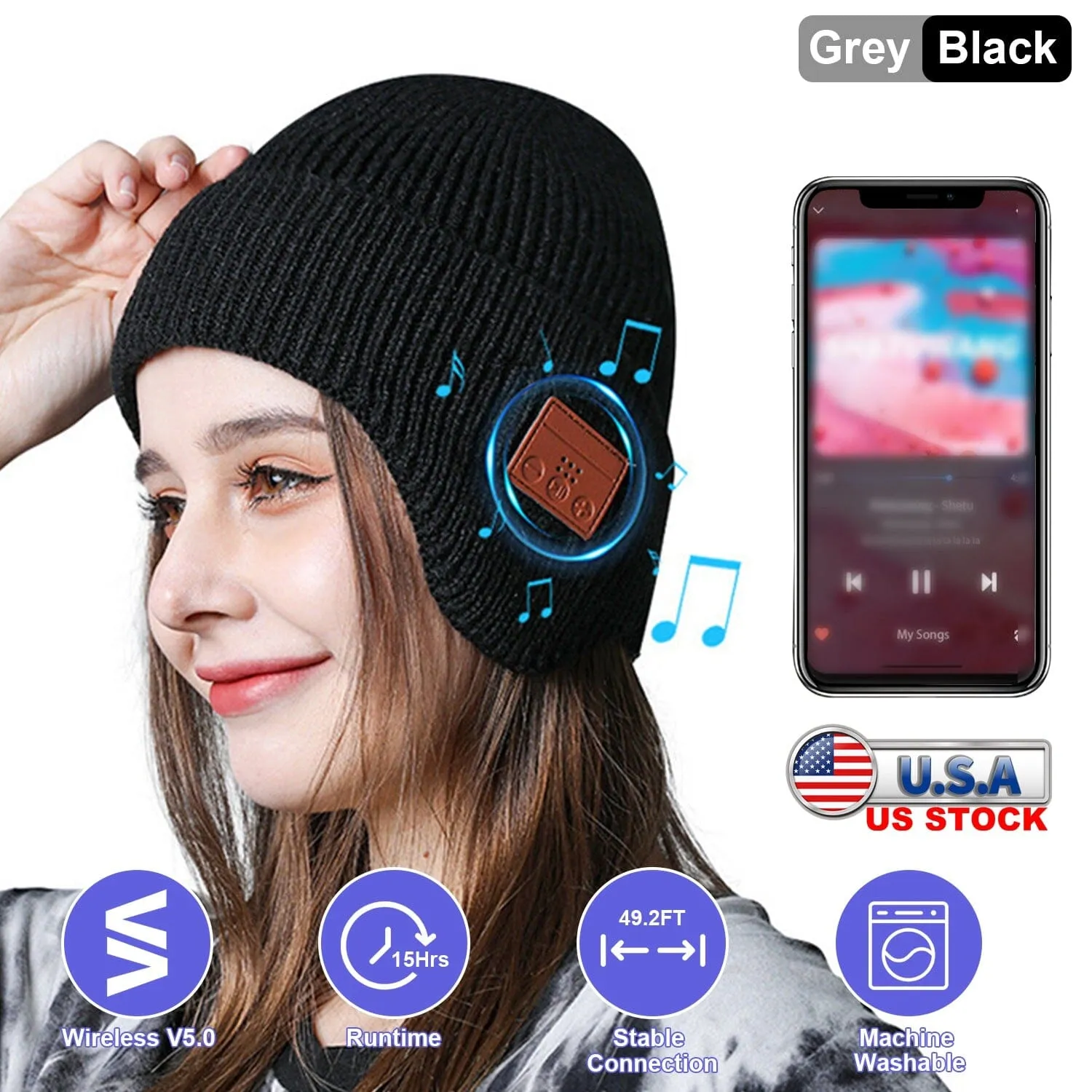 Wireless V5.0 Beanie Hat with Headphones USB Rechargeable