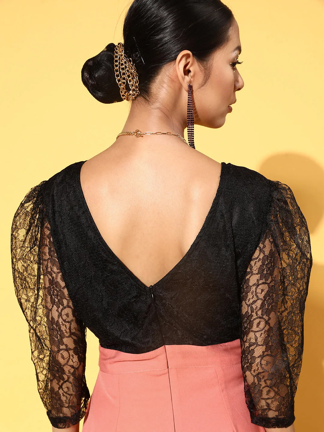 Women Pink & Black Lace Detail Jumpsuit