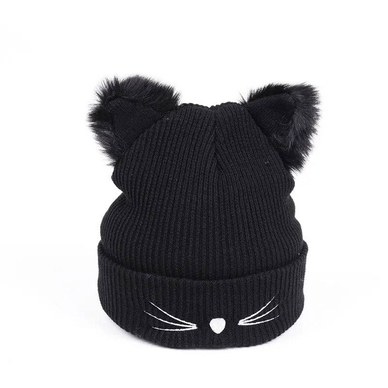 Women Winter Embroidered Cute Cat Ears Knitted Hat