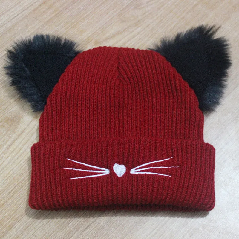 Women Winter Embroidered Cute Cat Ears Knitted Hat