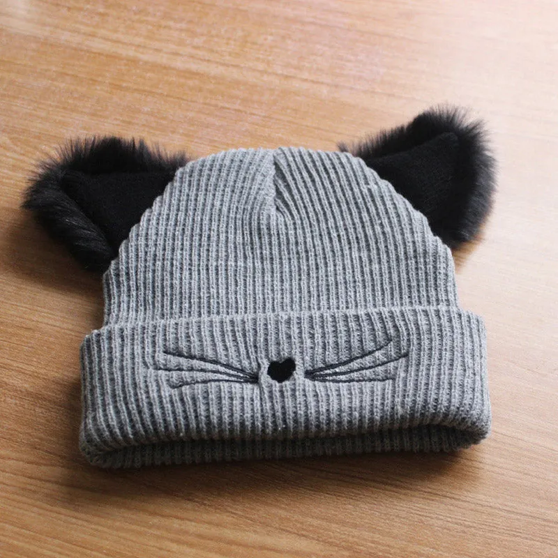 Women Winter Embroidered Cute Cat Ears Knitted Hat