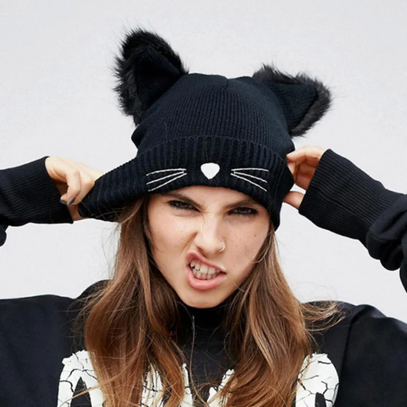 Women Winter Embroidered Cute Cat Ears Knitted Hat