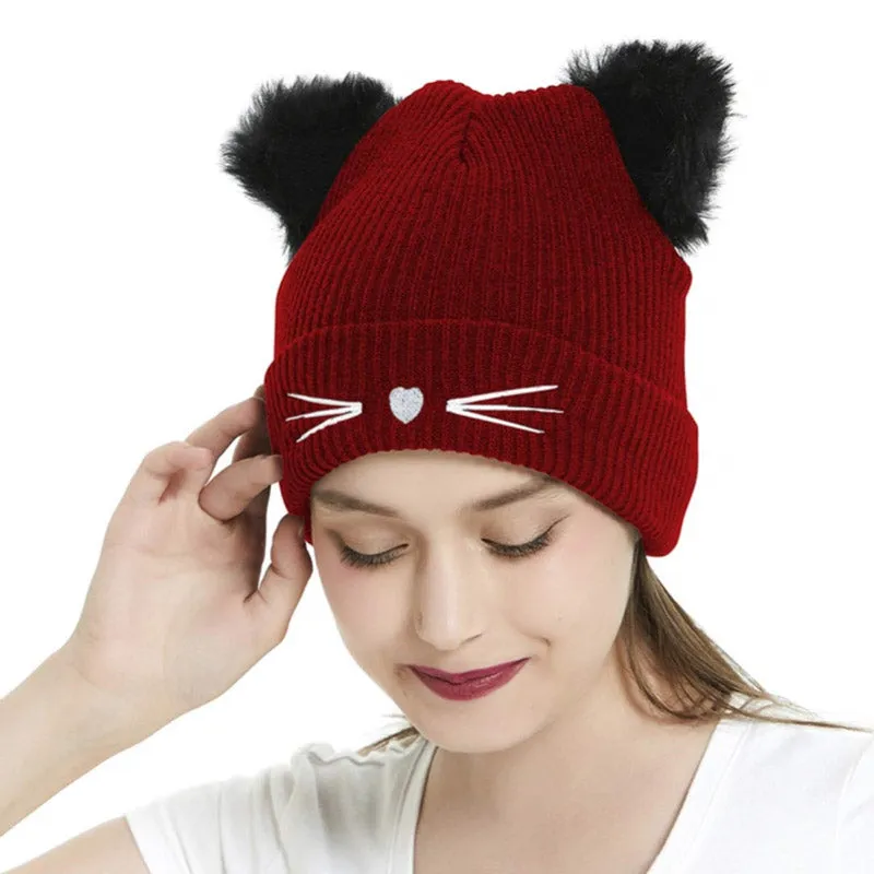 Women Winter Embroidered Cute Cat Ears Knitted Hat