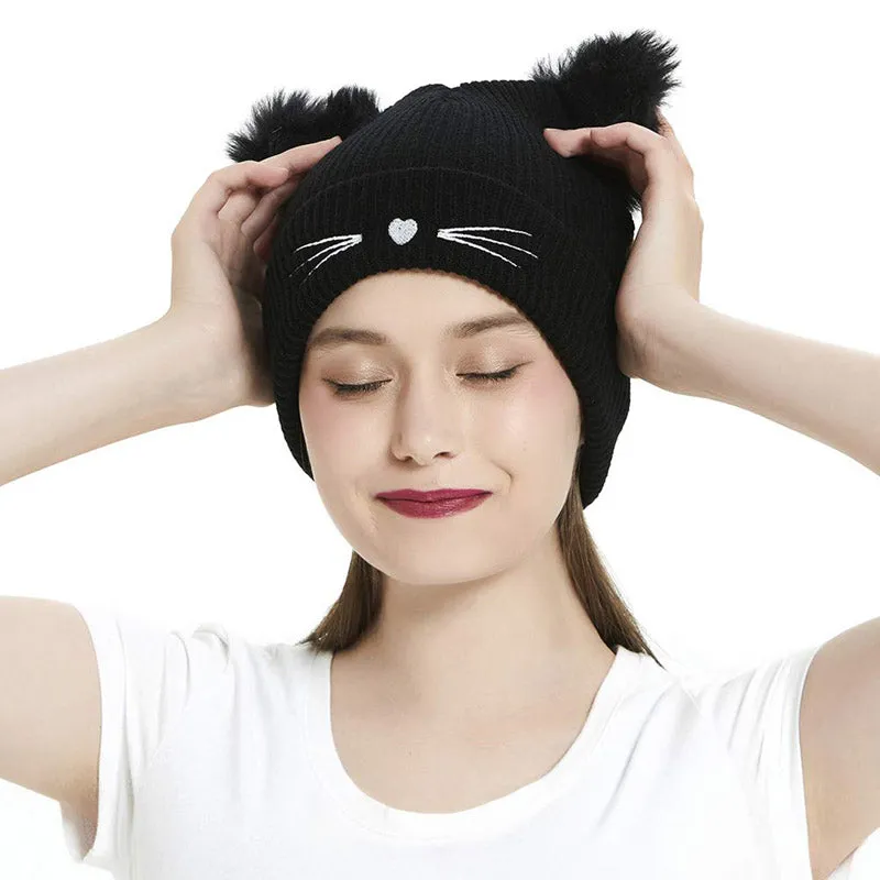 Women Winter Embroidered Cute Cat Ears Knitted Hat