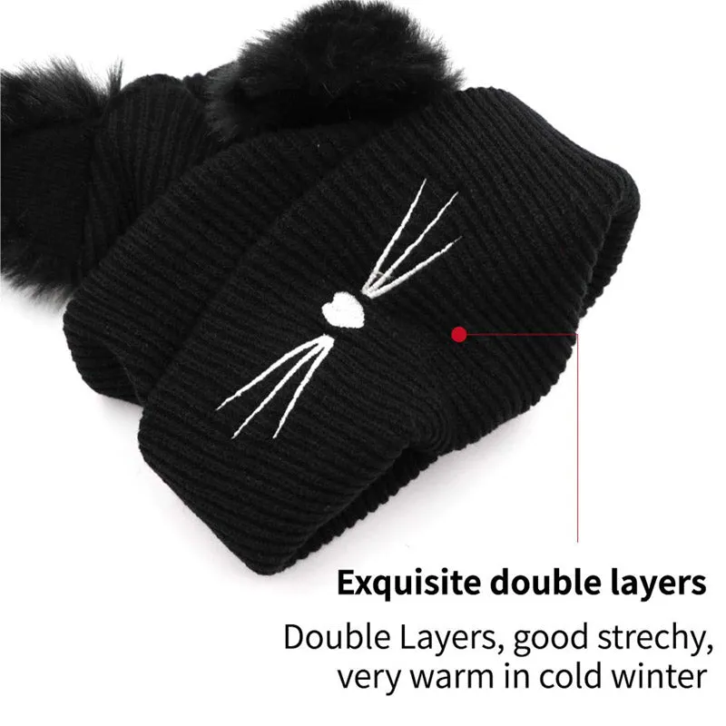 Women Winter Embroidered Cute Cat Ears Knitted Hat