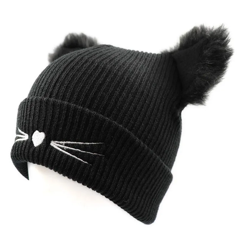 Women Winter Embroidered Cute Cat Ears Knitted Hat