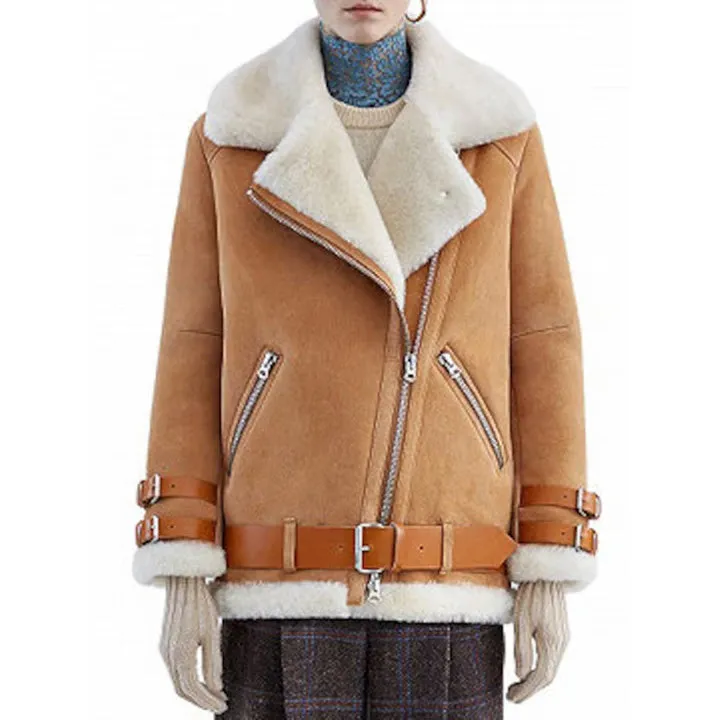 Women's Brown Shearling Fur B3 RAF Aviator Flight Jacket