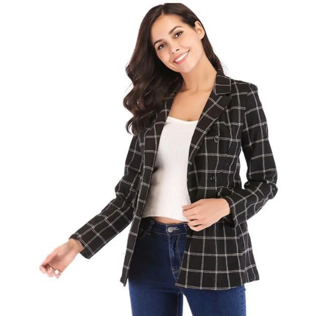 Womens Double Breasted Black Checkered Blazer