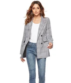 Womens Double Breasted Grey Checkered Blazer