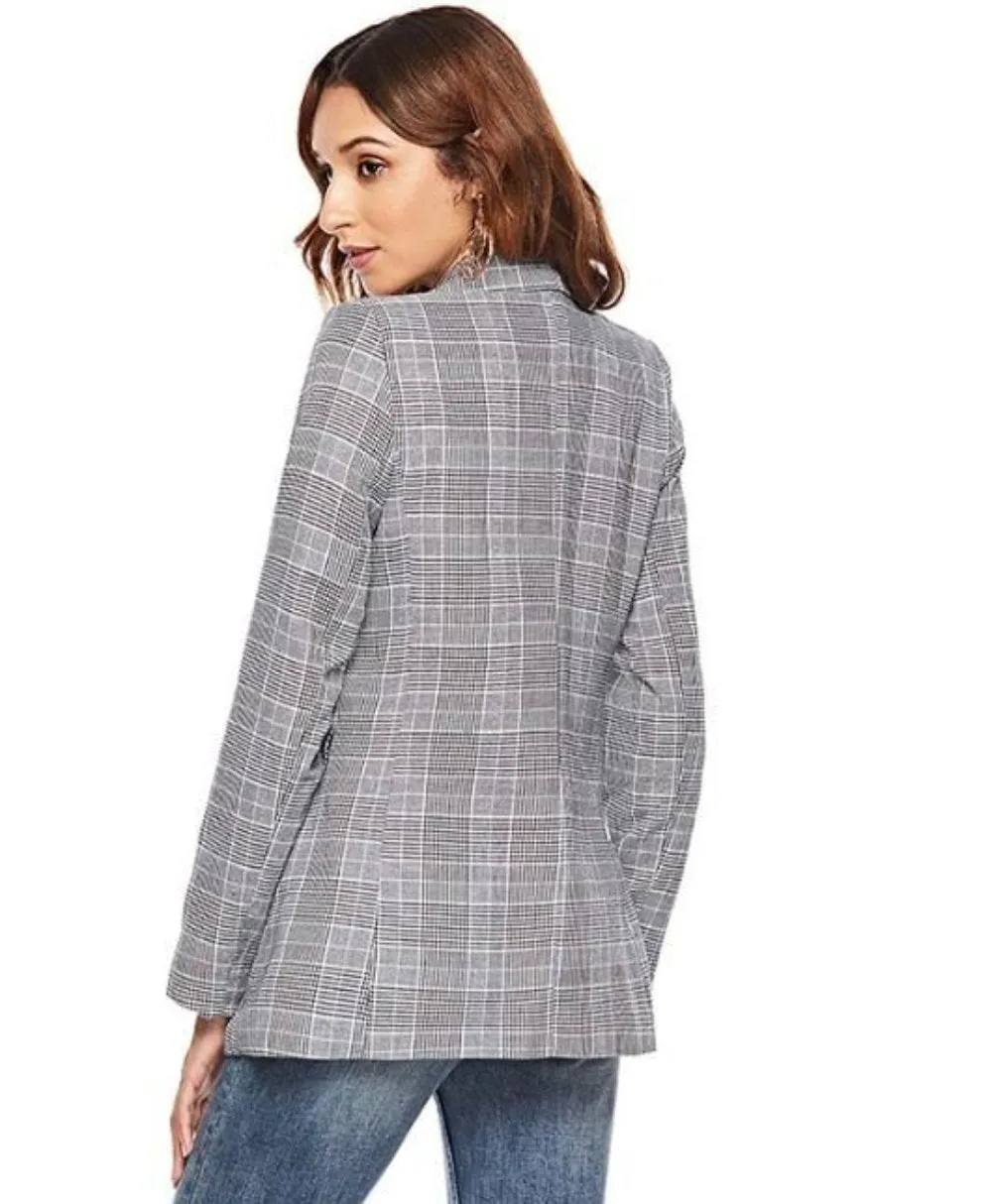 Womens Double Breasted Grey Checkered Blazer