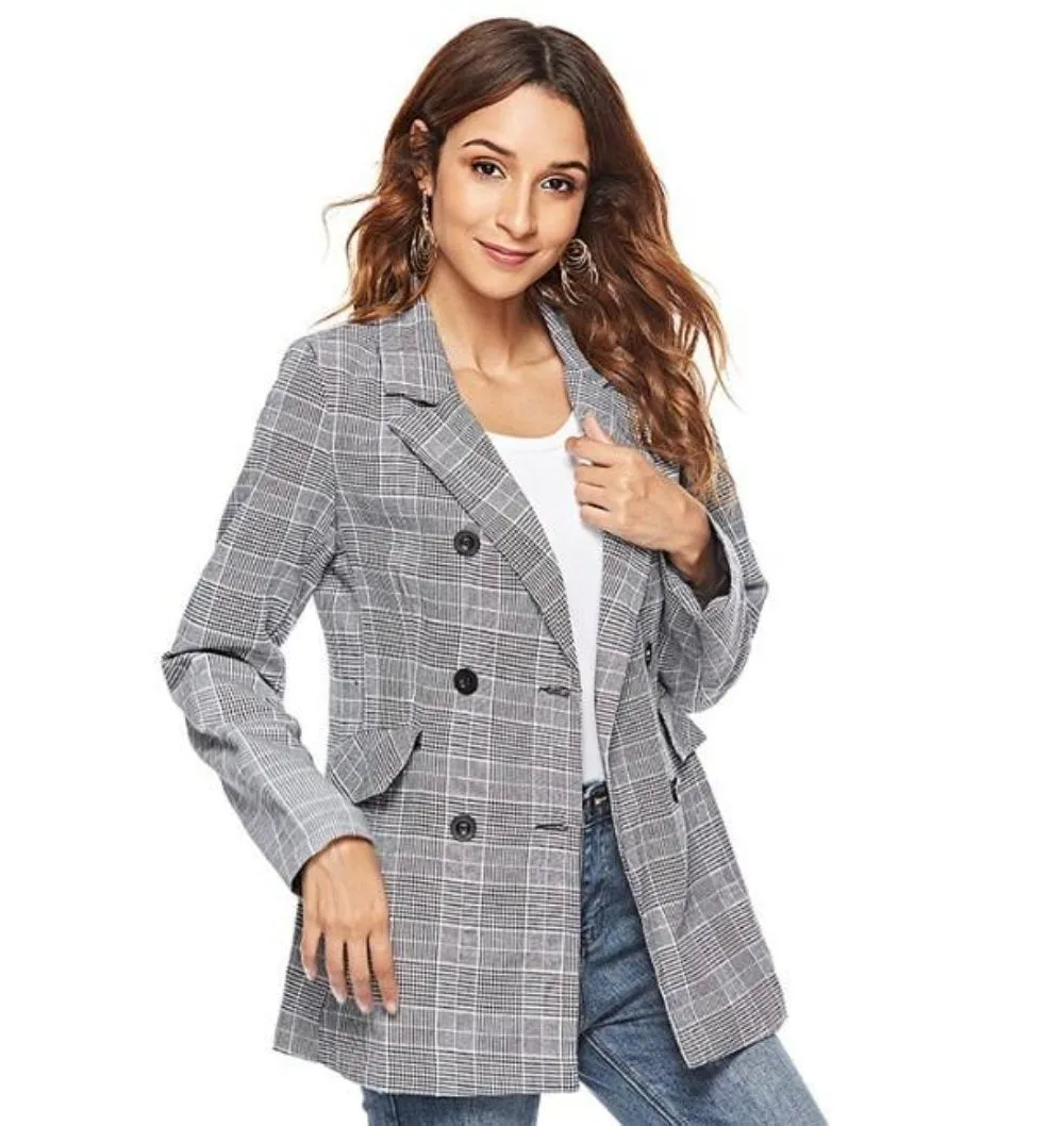 Womens Double Breasted Grey Checkered Blazer