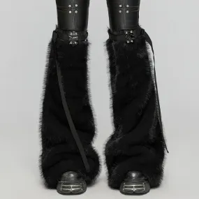 Women's Punk Buckle Faux Fur Leg Warmers Black