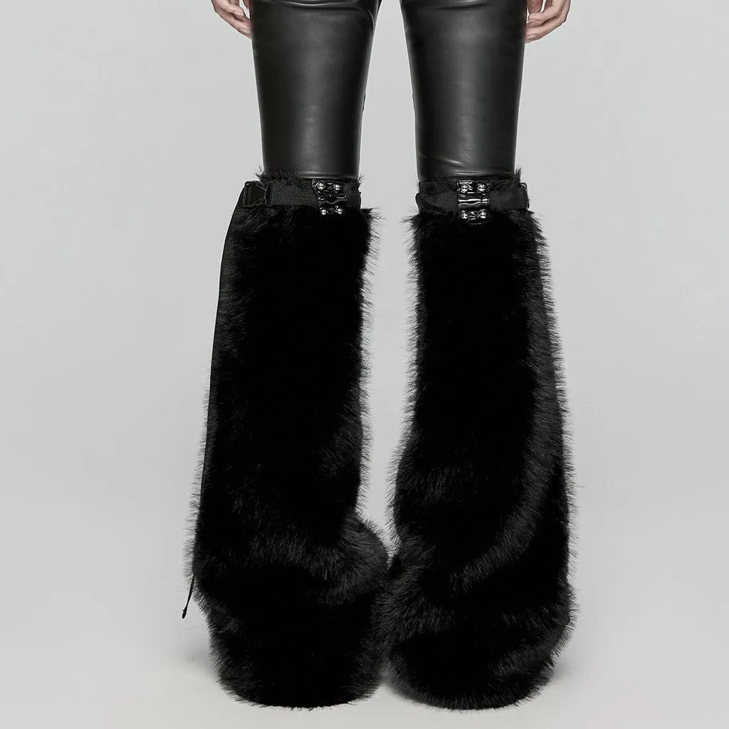 Women's Punk Buckle Faux Fur Leg Warmers Black