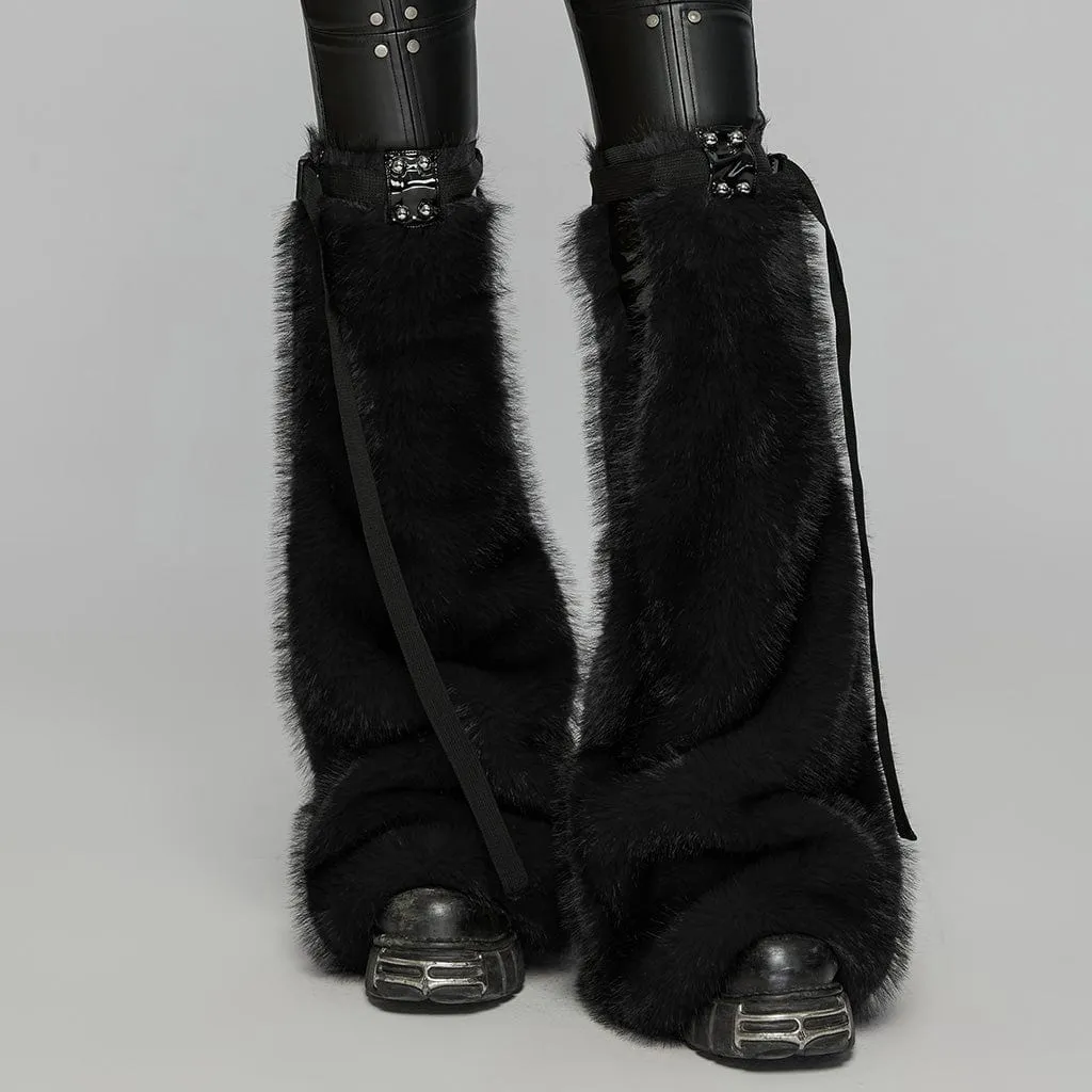 Women's Punk Buckle Faux Fur Leg Warmers Black