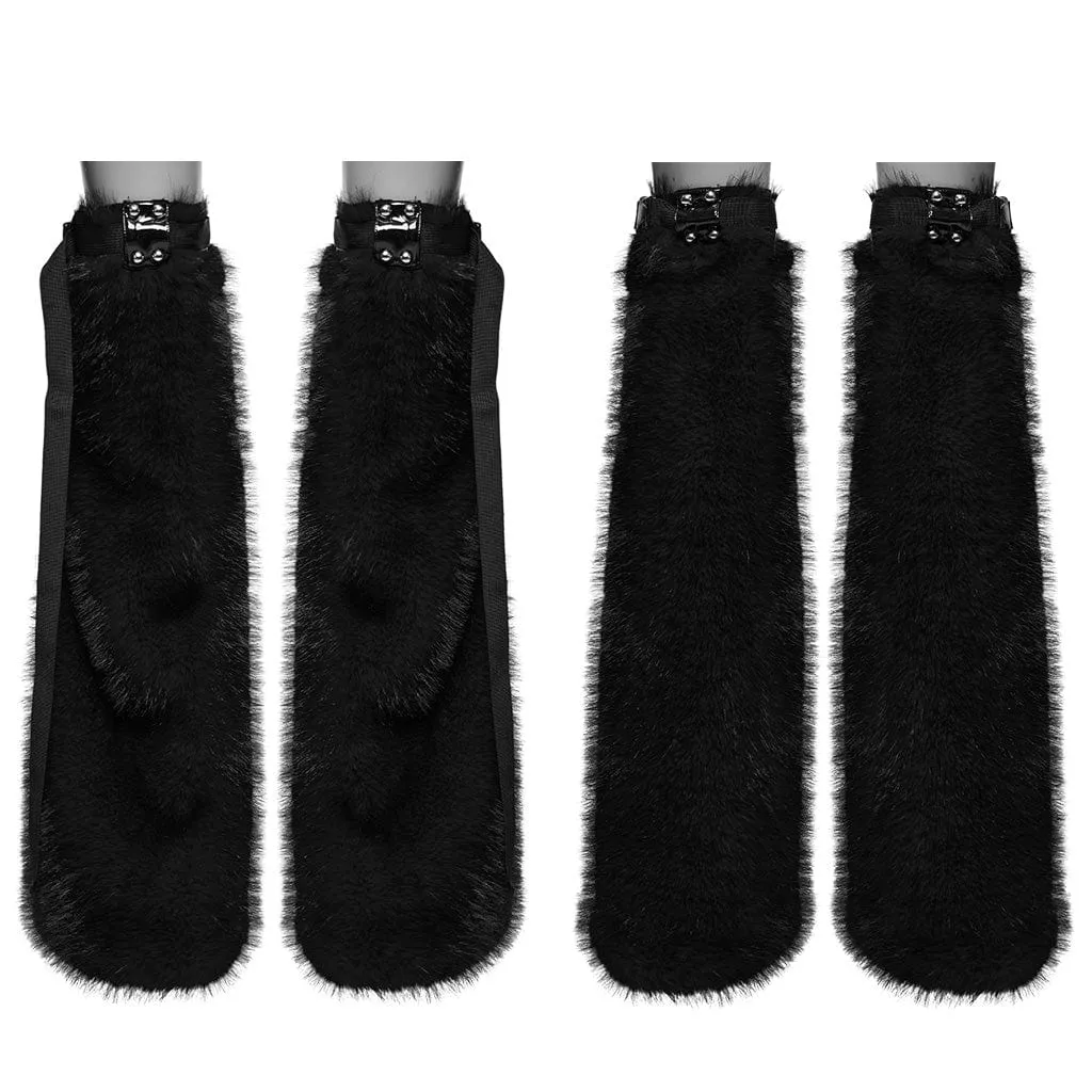 Women's Punk Buckle Faux Fur Leg Warmers Black