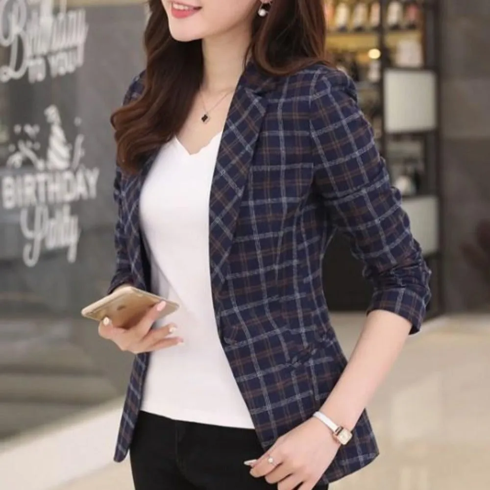 Womens Single Button Slim Fit Checkered Blazer