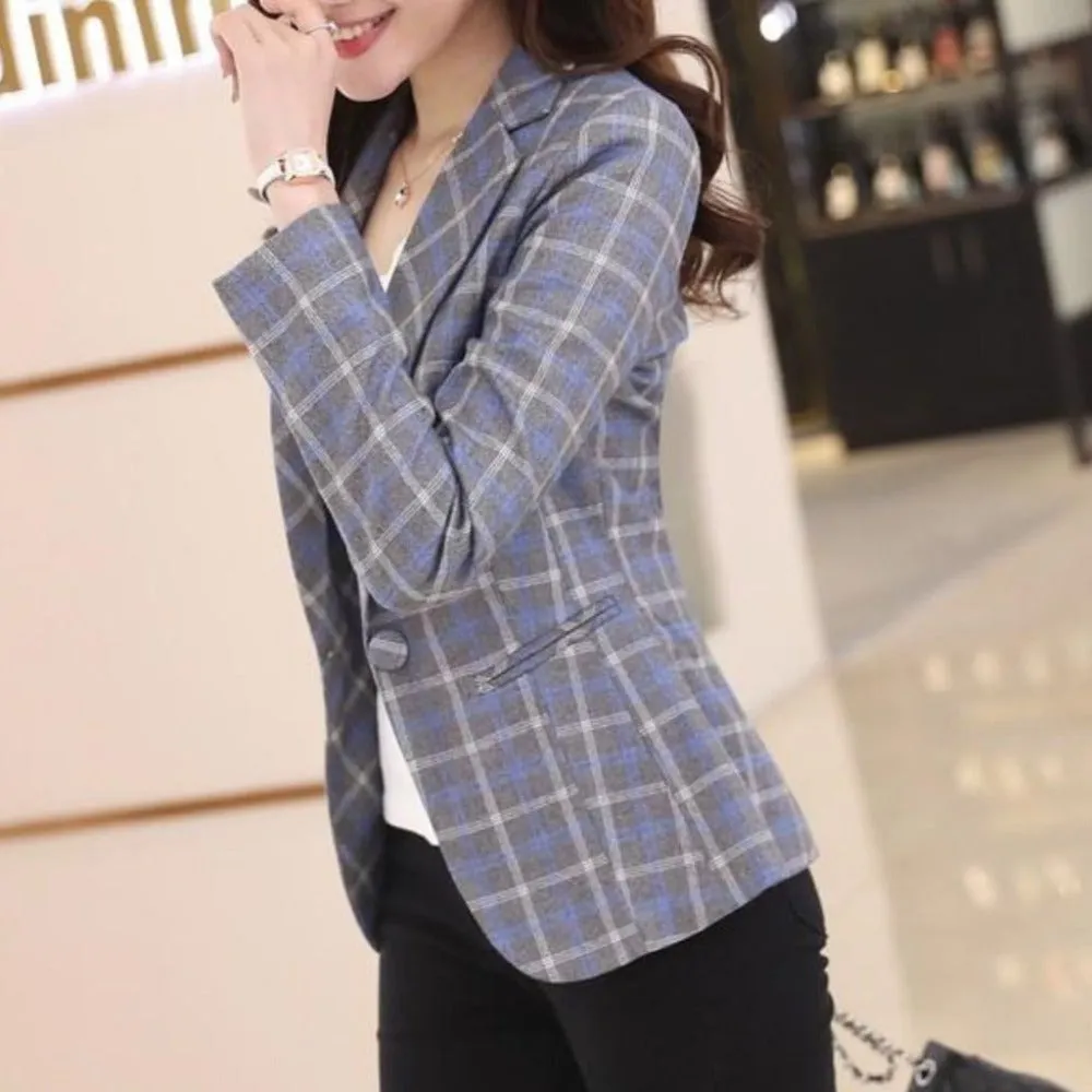 Womens Single Button Slim Fit Checkered Blazer