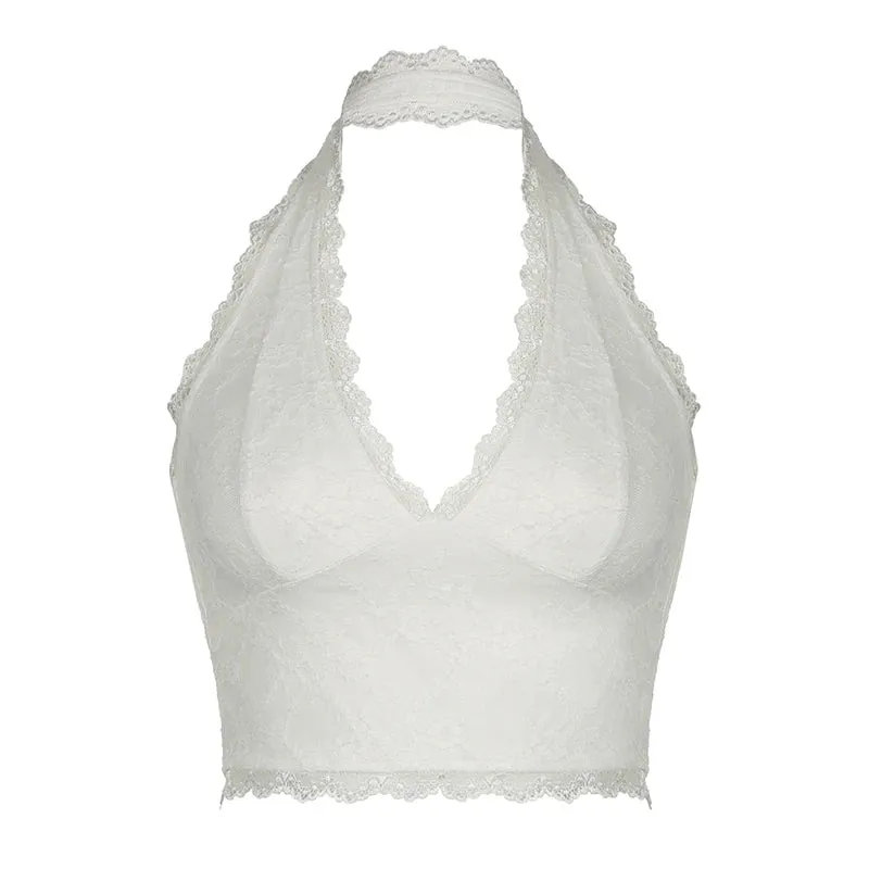 Y2K Fashion Chic White Lace Top Sexy Backless Streetwear Skinny Summer Halter Top Female Basic Mini Camisole Holidays