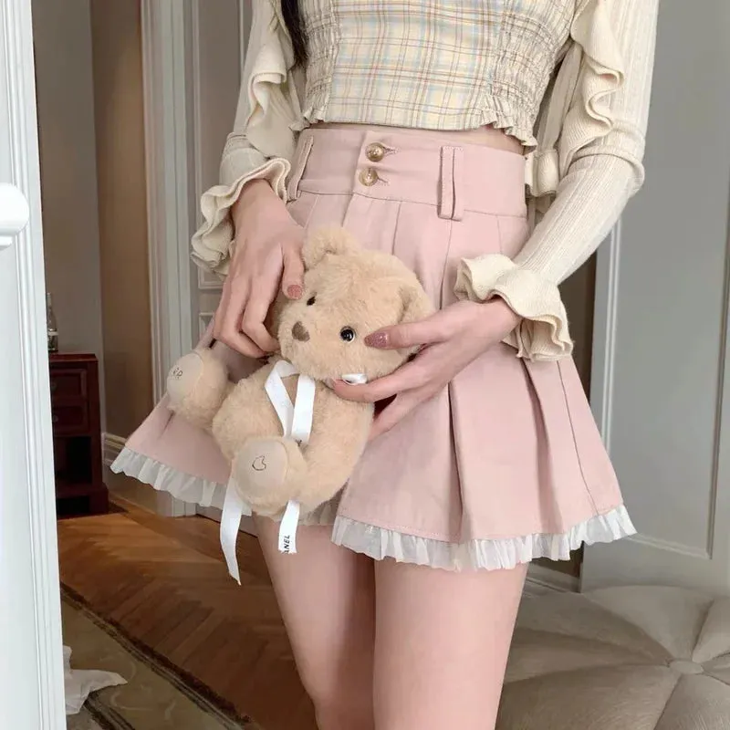 YESMYTOOL  -   Kawaii Pink Pleated Skirt Women Japanese Cute Lace Patchwork High Waist Lolita A-line Mini Skirt Soft Girl Korean Summer