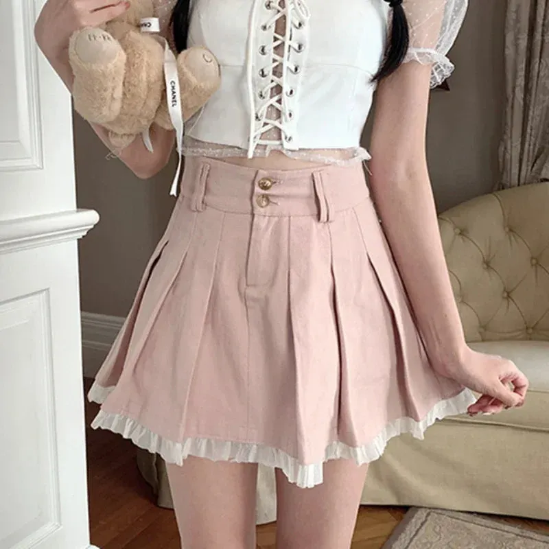 YESMYTOOL  -   Kawaii Pink Pleated Skirt Women Japanese Cute Lace Patchwork High Waist Lolita A-line Mini Skirt Soft Girl Korean Summer